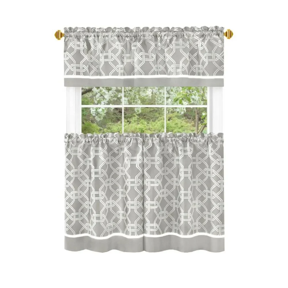 3 Pieces Two Tone Design Tier Panels and Valance Set for Windows, 58x24 inch Rod